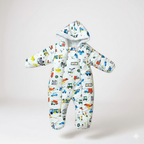 Kozmonot Araba Uçak Baskılı Bebek Mont – Çift Fermuarlı, Kapüşonlu, Kışlık Dış Giyim (Beyaz)