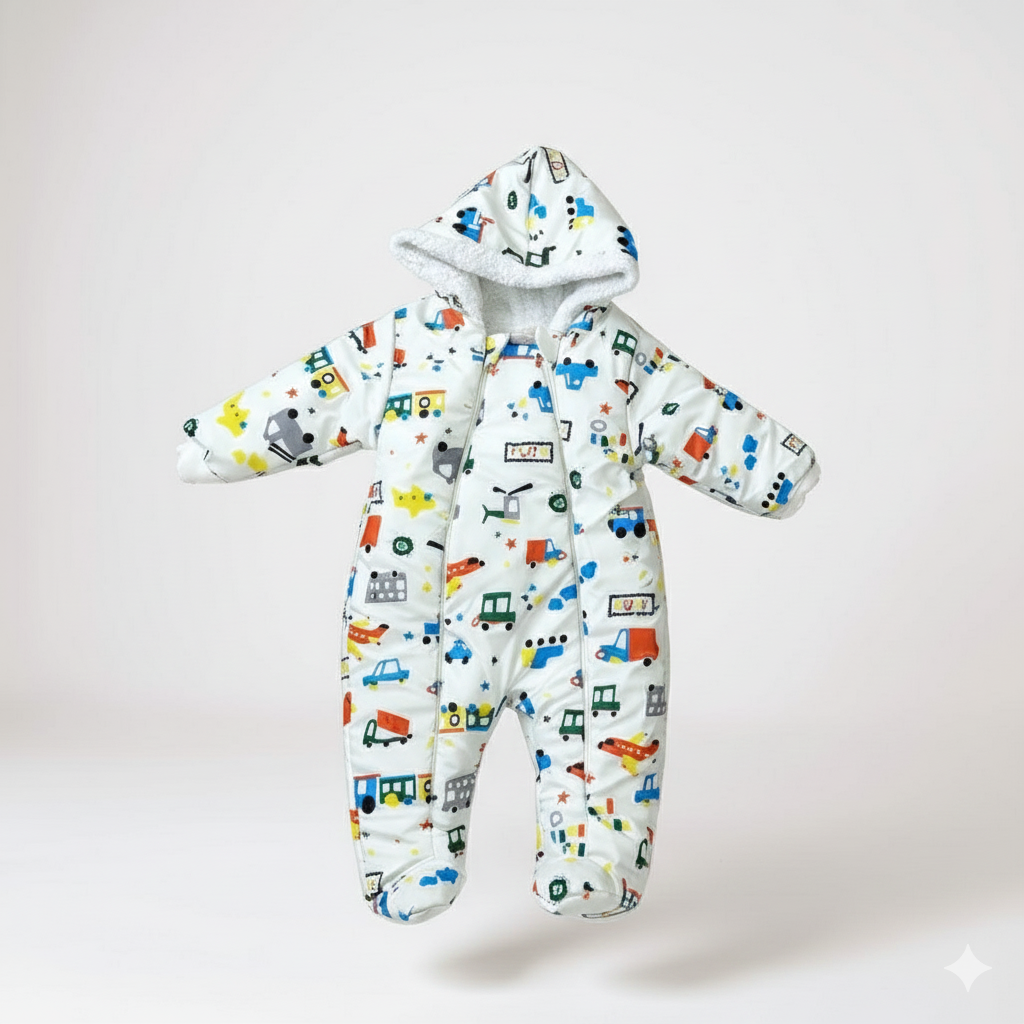 Kozmonot Araba Uçak Baskılı Bebek Mont – Çift Fermuarlı, Kapüşonlu, Kışlık Dış Giyim (Beyaz)