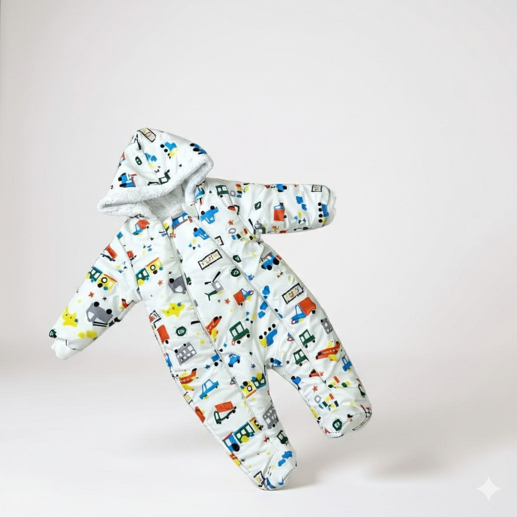 Kozmonot Araba Uçak Baskılı Bebek Mont – Çift Fermuarlı, Kapüşonlu, Kışlık Dış Giyim (Beyaz)