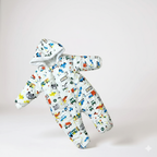 Kozmonot Araba Uçak Baskılı Bebek Mont – Çift Fermuarlı, Kapüşonlu, Kışlık Dış Giyim (Beyaz)