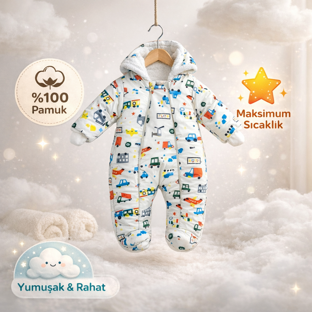 Kozmonot Araba Uçak Baskılı Bebek Mont – Çift Fermuarlı, Kapüşonlu, Kışlık Dış Giyim (Beyaz)