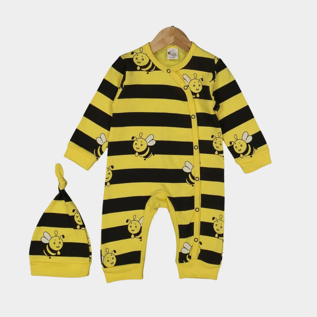 Arı Baskılı Mevsimlik Bebek Tulum ve Bere Seti – Unisex, 6-9-12-18 Ay