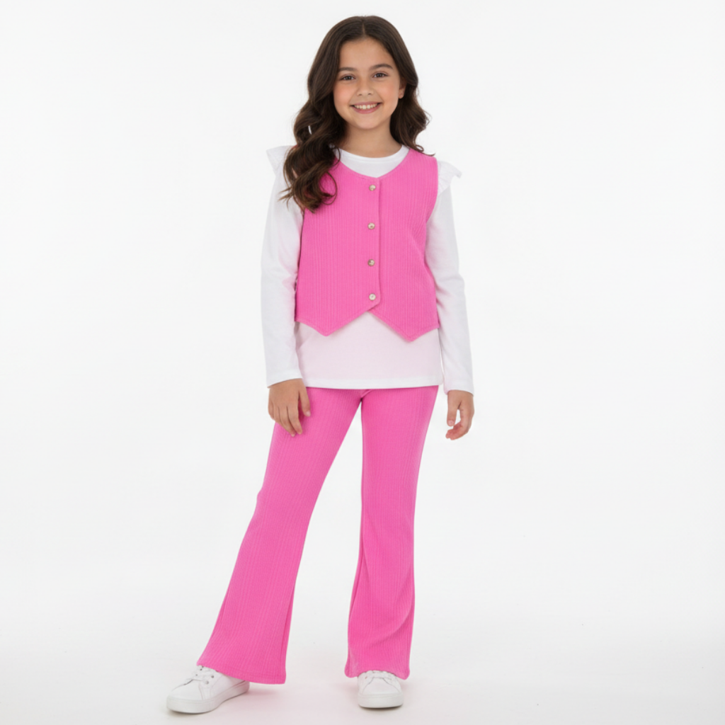 Kız Çocuk 3’lü Takım %95 Pamuk Yelekli – Body ve Pantolon Seti  - Pembe